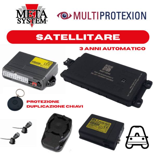 ABT08530/T3 - SATELLITARE TOP CON META EVO CAN, BLOCCO B4.1, SIRENA, ULTRASUONI E SERVIZIO DI CENTRALE OPERATIVA MULTIPROTEXION AUTOMATICA 3 ANNI INCLUSI +  RADIO CARD B9.5 PER EVO CAN PROTEZIONE ANTI DUPLICAZIONE CHIAVI/ANTIRAPINA